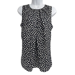 Ann Taylor Womens Sleeveless Navy Blue White Pleated Round Neck Top Size S